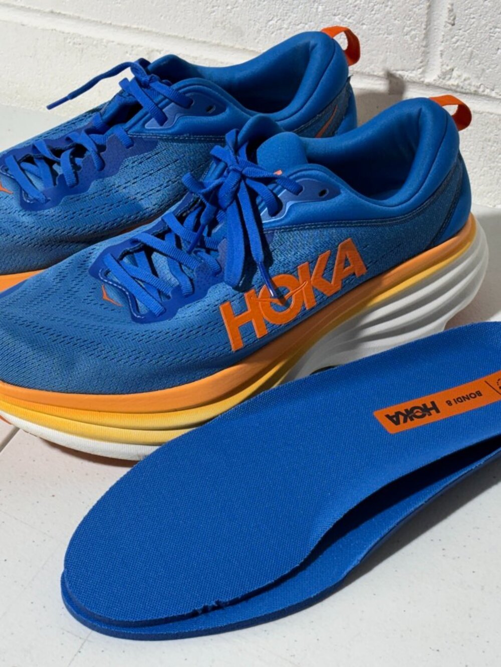 Hoka Bondi 8 Men's 12 Running Shoes Cerulean Sunset Orange Authentic VGC Used